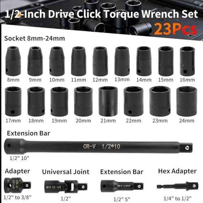 23PCS 1/2-Inch Drive Torque Wrench Set, 10-170FT.LB/13.6-230.5Nm, 1/2 Drive Click Torque Wrench Set, 72-Tooth Dual-Range, ¡¾3% Precision Adjustable Torque Wrenches for Cart, Motorcycle, Lug Nut
