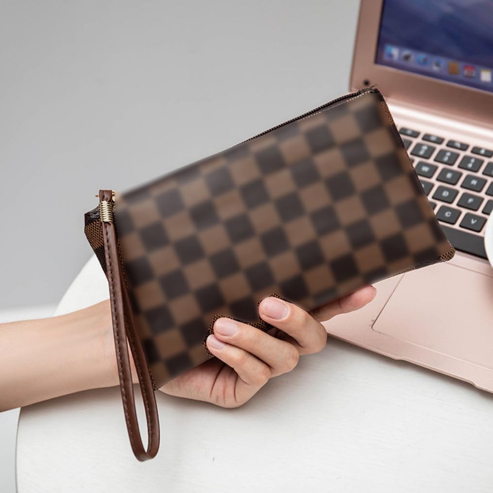 bopomofo Brown Checkered Cosmetic Bag 3 Pack,1 Big Pouch,1 Makeup Brushes Holder, 1 Coin Purse,Portable Travel Makeup Bag Set Lightweight and Waterproof Storage Bag Organizer (Brown Checkered 3 Pcs)