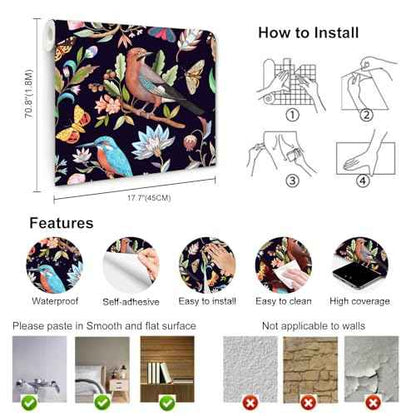 Vintage Black Floral Bird Peel and Stick Wallpaper Dark Botanical Design with Butterfly Removable Self Adhesive Vinyl Contact Paper for Cabinets Bathroom Wallpaper 17.7" x 70.8"