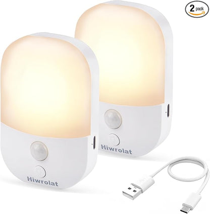 Night Light with Auto Motion Sensor, Rechargeable Battery, Type-C LED Stick-On Closet Light with Twilight Sensor, Adjustable Brightness, Warm White for Wall, Hallway, Stairs, Cabinet (2 Pack)
