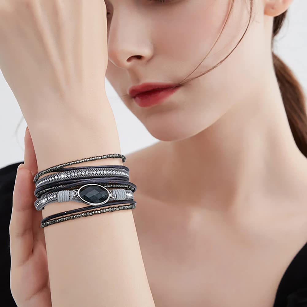Wovanoo Leather Wrap Bracelet Set 3Pack Leather Cuff Bracelet for Women Multilayer Magnetic Clasp Bracelet Three Crystal