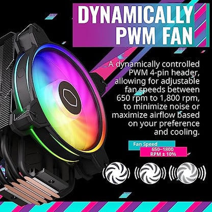 Cooler Master Hyper 212 Halo Black CPU Air Cooler, 120 Halo² PWM Fan, Dual Loop ARGB, Aluminum Top Cover, 4 Copper Heat Pipes, 154mm Tall, AMD Ryzen AM5|AM4, Intel LGA 1851|1700|1200 Brackets
