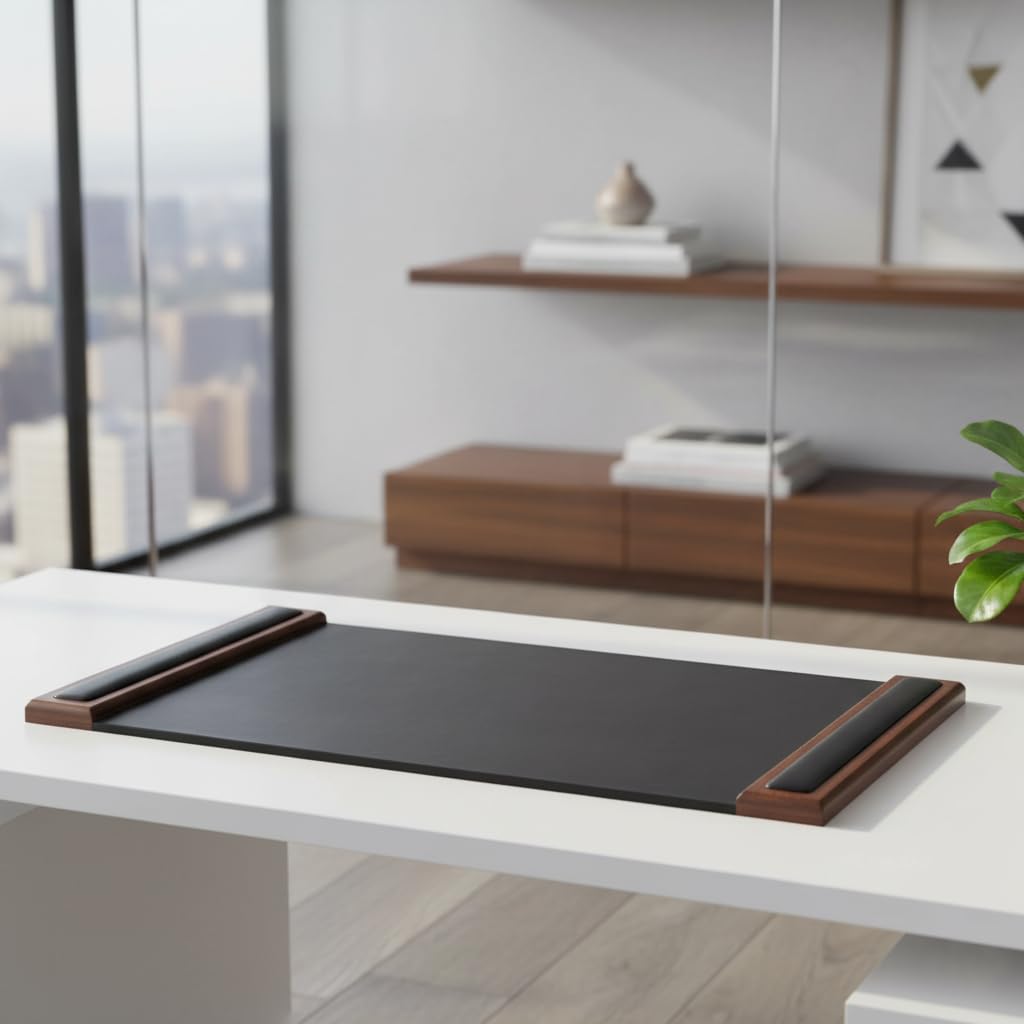DACASSO Wood & Leather Desk Pad with Side Rails - Luxury Leather Desk Blotter for Writing - Padded Executive Desk Surface Protector - (Walnut & Black, 34” x 20”)