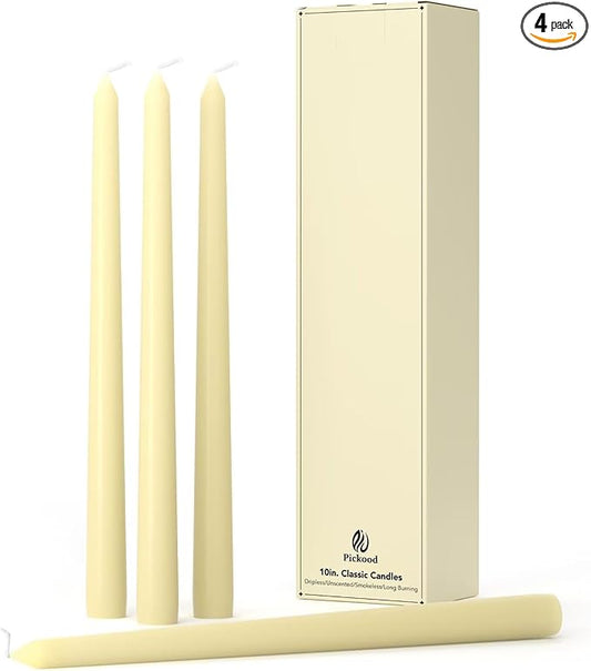 10-Inch Tall Dripless Taper Candles Set of 4 - Ivory Tapered Candles, Perfect for Wedding,Dinner - Smokeless, Unscented, Long Burning - Hand Poured, Colored Tall Candlesticks - Cream