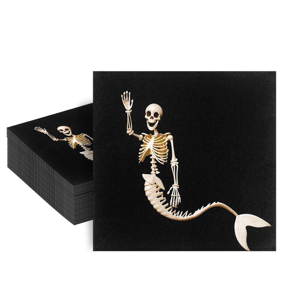 Dulousia 60count Halloween Napkins - 6.5x6.5in Disposable Paper Napkin Mermaid Skeleton Black Napkins for Halloween Get-together, DIY Parties, Holiday Celbration Home Dinner Skull Themed Table Decor
