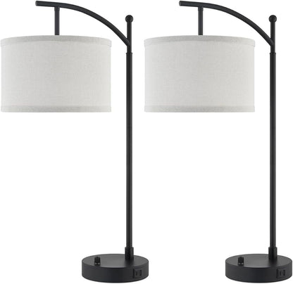 Table Lamp for Living Room Bedroom, 23.5" Table Lamps Set of 2 with USB C+A Ports, Bedside Lamps for Nightstand with Linen Lamp Shades, 2 Dimmable LED Bulbs Included, Black