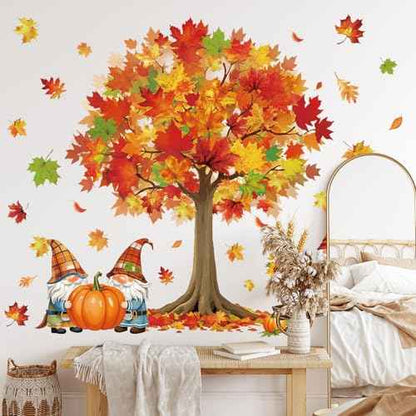 Fall Wall Stickers Maple Tree Leaves Gnome Wall Stickers Peel and Stick Large Room Mural Decals for Autumn Harvest Thanksgiving Party Home Nursery Bedroom Decor