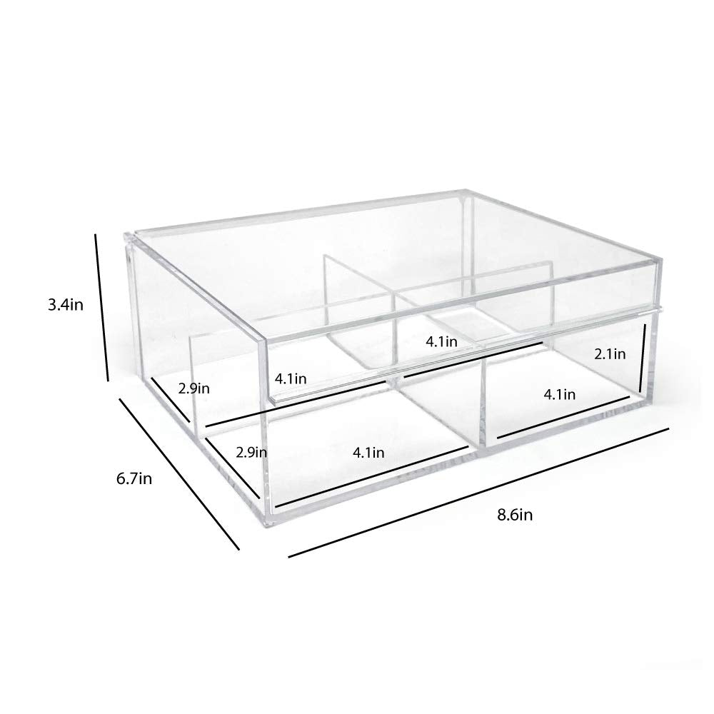 Isaac Jacobs 4-Compartment Clear Acrylic Organizer with Lid (6.7" L x 8.6" W x 3.4" H), Multi-Sectional Tray & Storage Solution for Makeup, School & Office Supplies & More, for Bathroom, Kitchen