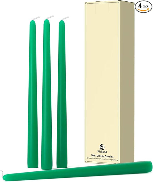 10-Inch Tall Dripless Taper Candles Set of 4 - Emerald Tapered Candles, Perfect for Spring - Smokeless, Unscented, Long Burning - Hand Poured, Colored Tall Candlesticks - Jade