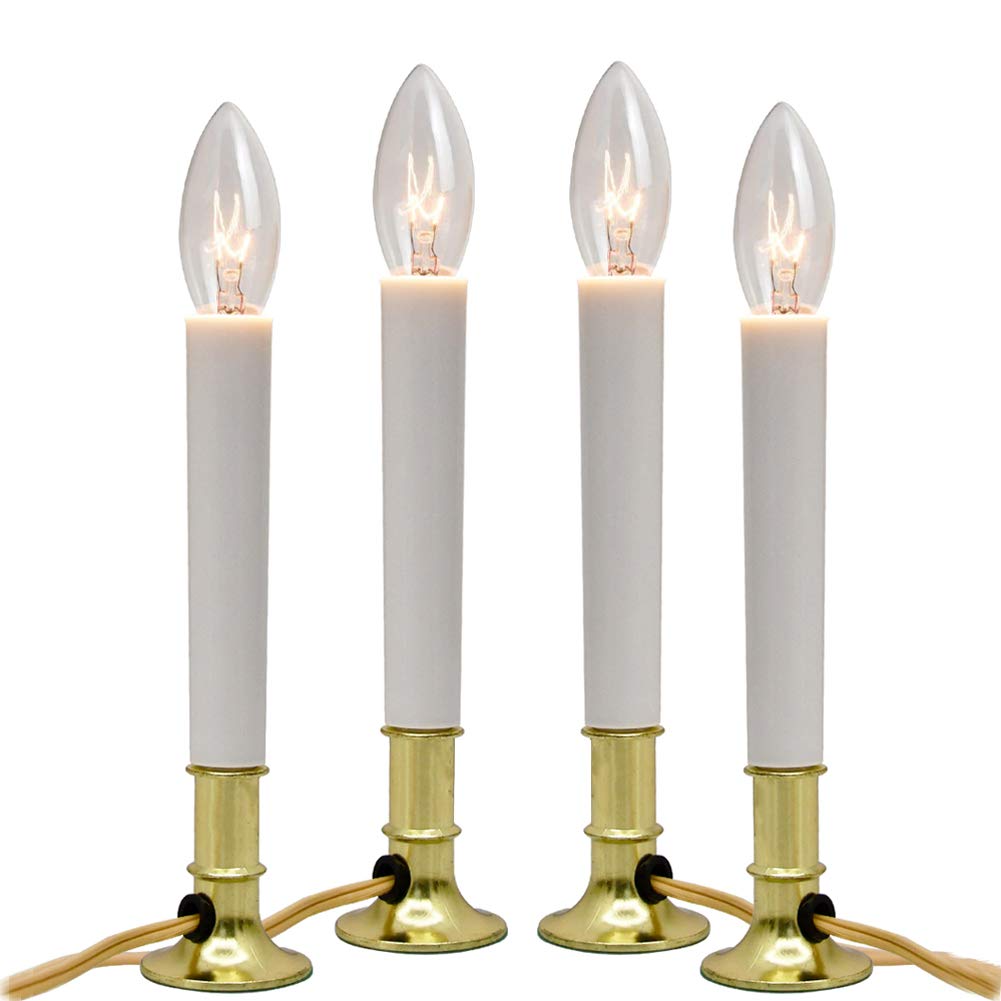 4 Pack Christmas Electric Window Candles Lamps with Gold Plated Base, Christmas Window Candles with 7 Watt C26 Clear Bulbs, Plug in Window Candle Lights for Wedding Home Church Decor, On/Off Switch