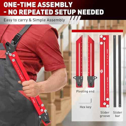 Stair Tread Template Tool, One-Piece Design Stair Measuring Tool, Adjustable Length from 22.5" to 62", Precision Stair Tread Jig Gauge with 14" Scale Pivoting End and Stop Pins