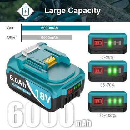 6000mAh 18V Battery Replacement for Makita 18V Battery and Charger DC18RC, Compatible with Makita LXT 18 Volt Batteries Lithium Ion BL1850 BL1840 BL1830 BL1820 BL1815 Cordless Power Tools (Blue)