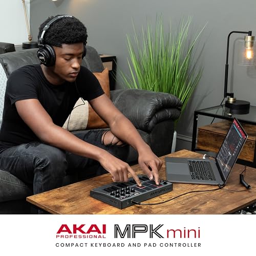 Akai Professional MPK Mini MK3 - 25 Key USB MIDI Keyboard Controller With 8 Backlit Drum Pads, 8 Knobs, Music Production Software and Native Instruments Sound Package (NKS Integration), Grey