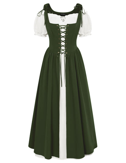 Scarlet Darkness Renaissance Costume Women Peasant Medieval Dress Short Sleeve Maxi Fairy Dresses with Pockets Olive Green L