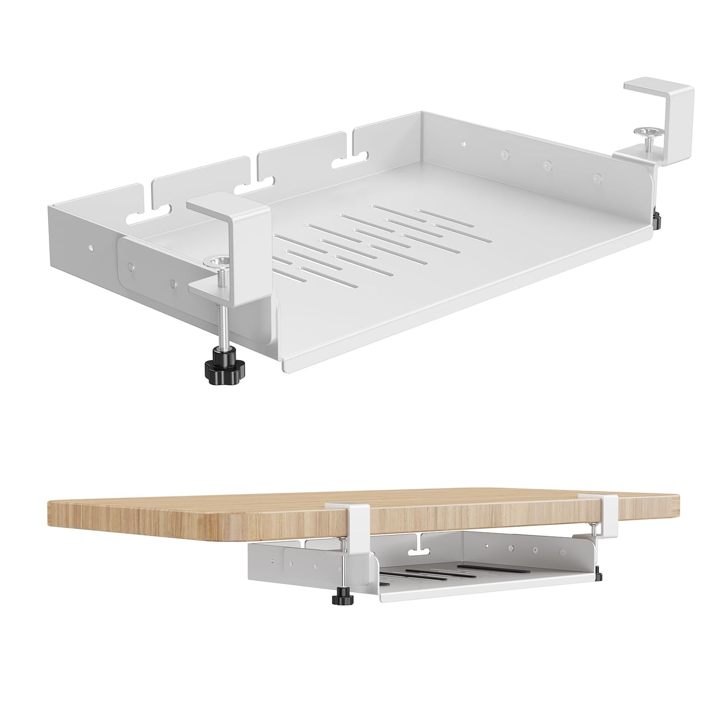 BYMECOST No Drill Under Desk Storage Shelf, Metal Under Desk Drawer Organizer with Clamp, Mount Under Desk Shelf Adds Tray, Desk Drawer for Office Desks, Table, Gaming Desk, Workstations (White)