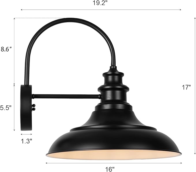 Outdoor Barn Light Fixture, 16 Inch Large Dome Farmhouse Exterior Wall Mount Light, Rustic Gooseneck Wall Sconce Indoor Wall Lighting Fixture, Industrial Black White Lantern for Porch, 1 Pack
