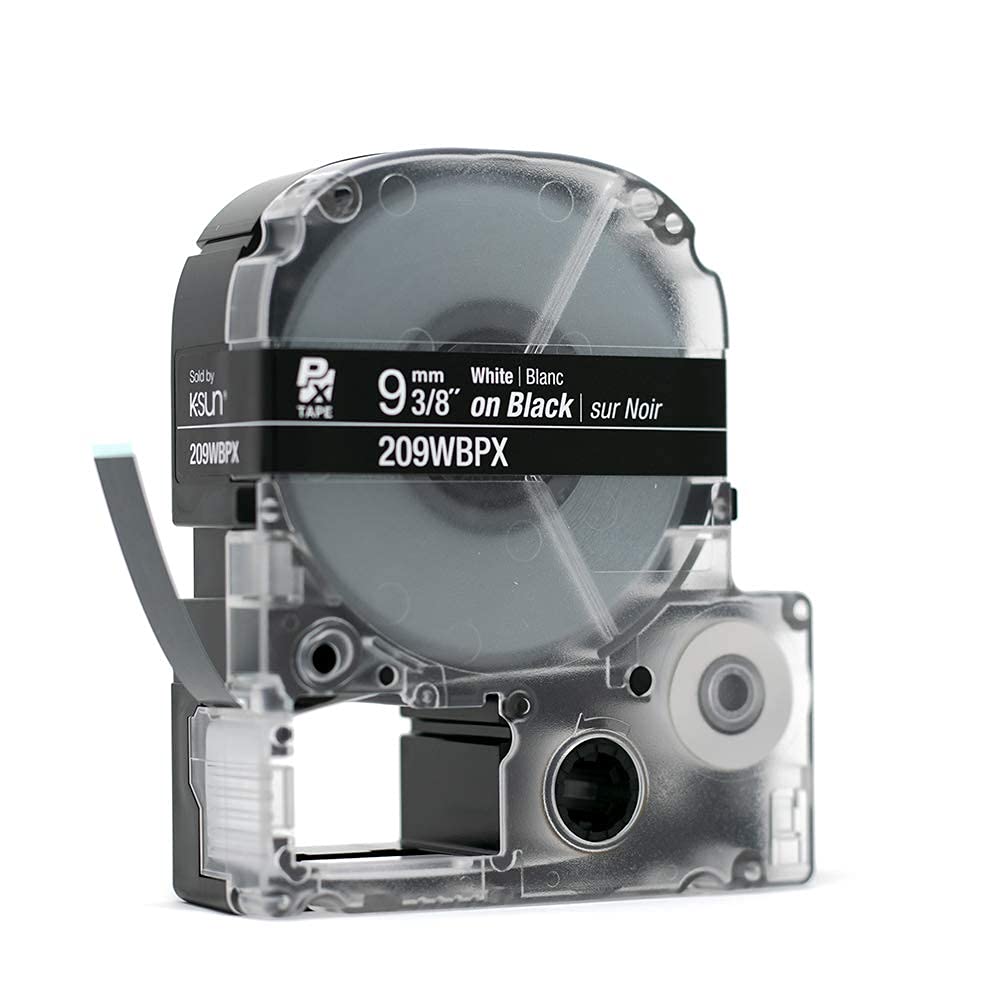 Epson LABELWORKS 209WBPX PET Tape Cartridge - White on Black Standard Industrial Label Maker Tape - 3/8" (9MM) Wide, 30 ft
