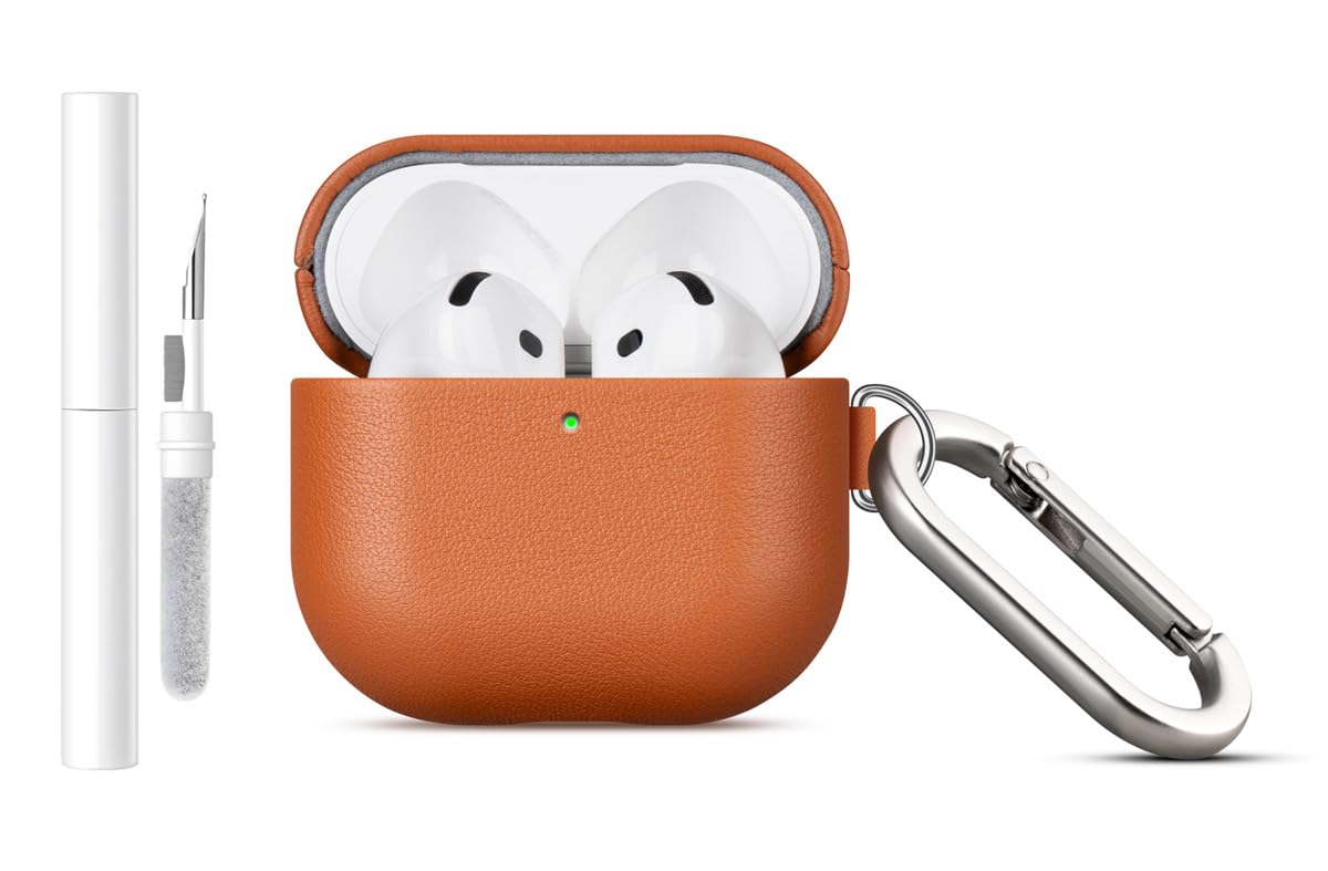 LOPIE Handmade Case for AirPods 4 / AirPods 4 with Active Noise Cancellation Leather Case Clip & Cleaner Kit, Fully-Wrapped with Top Grain Leather, Protective Hard Cover for Gen 4 Air Pods - Brown