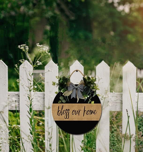 Bless Our Home Front Door Sign Funny Wreaths Hanging Wooden Plaque Decoration Round Rustic Wood Farmhouse Porch Decor for Home Front Door Decor, 11 x 11 Inch