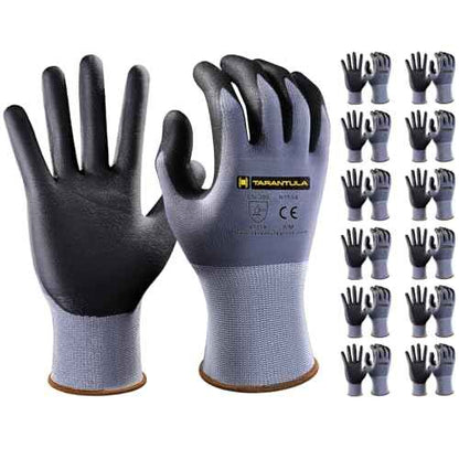 Tarantula Safety Work Gloves for General Purpose Nitrile Coated 12 pairs, Seamless Knit Breathable Nylon Glove with Black Micro-Foam Nitrile, Medium