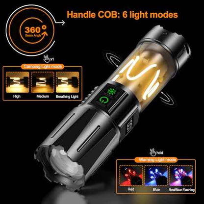 Super Bright Flashlight High Lumens 10000 Rechargeable, Powerful 30W LED, Long Lasting 30H, Daul Bottons 10 Modes with Side Light, Quick USB C Charge & Output, Multi-functional for Home Camping Hiking
