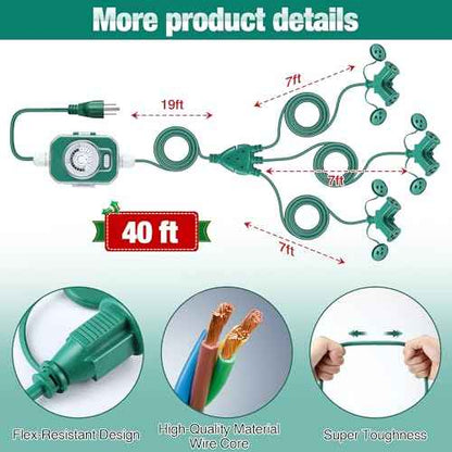 Feekoon 40 Ft Extension Cord Outdoor with Outlet Timer, 1 to 3 Splitter Extension Cord with Multiple Outlets 16/3 SJTW Green Split Cable Weatherproof Covers for Holiday Christmas Lights