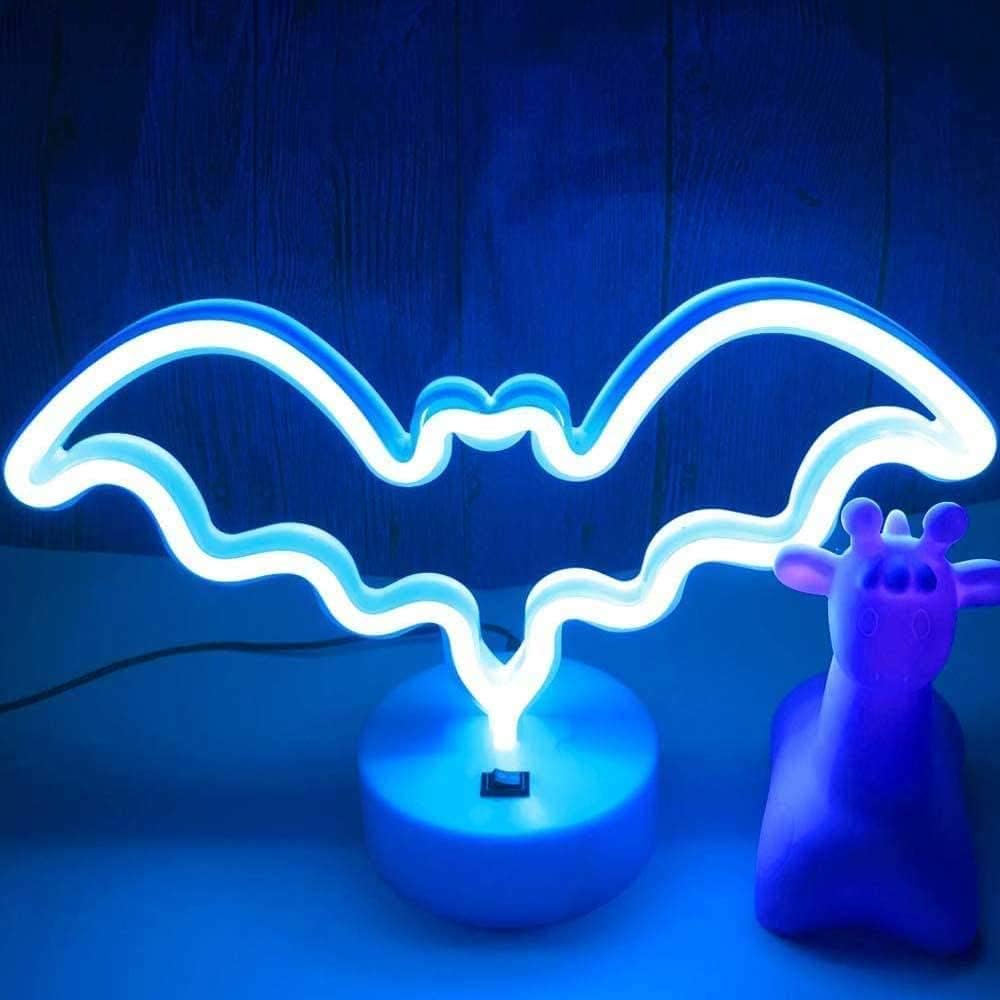 OHLGT LED Neon Light, Neon Sign Bat Lamp with Base, Battery and USB Operated Neon Decorative Lights for Halloween, Christmas, New Years, Party, Bar, Home, Bedroom (Blue)