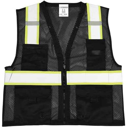 Kishigo Black Enhanced Visibility Men's Vest B100, Multi Pocket Mesh Hi-Vis Vest, Ultra-Cool Polyester, 6 Pockets, Zipper