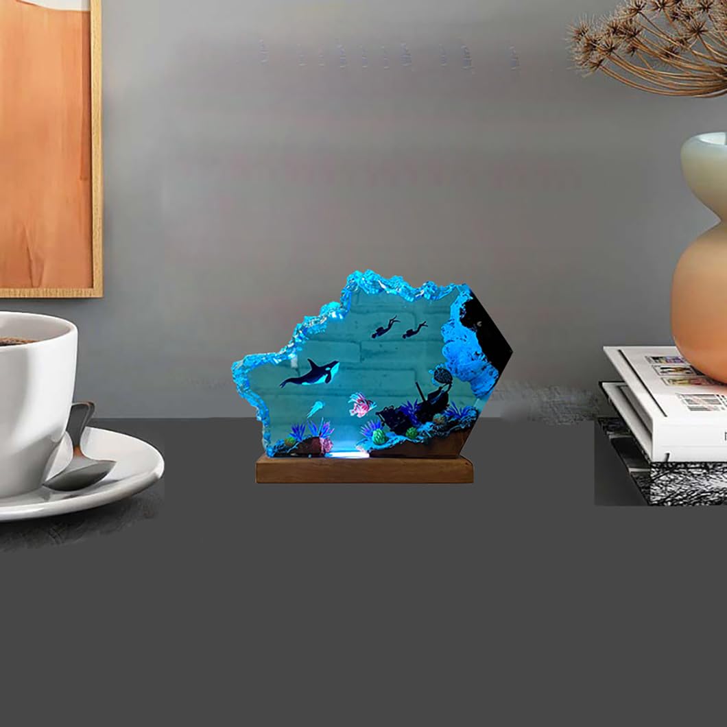VISIOLEX Resin Ocean Lamp, Resin Wooden Lamp, Table Lamp, Night Lamp, Resin Lamp, Ocean Lamp, Tabletop Art Decoration, Handmade Bedside Wooden Table Resin Lamp, Bedroom Decoration (6 * 4in)