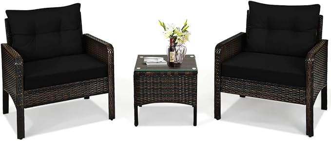 HAPPYGRILL 3 Pieces Patio Conversation Set Outdoor Rattan Wicker Furniture Set with Coffee Table & Chairs Patio Bistro with Seat Cushions for Garden Balcony Backyard Poolside