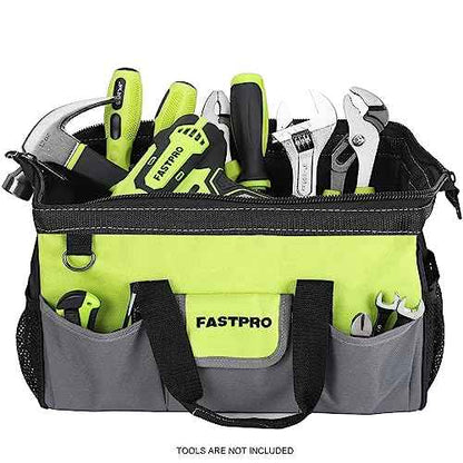 FASTPRO 2-Piece Tool bags, 13-inch & 16-inch Wide Mouth Tool Storage Bags included, Multi-pocket Tool Organizer with Adjustable Shoulder Strap