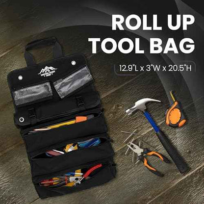 Roll Up Heavy Duty Tool Bag 900D Canvas & 1680D Straps - Detachable Wrench Roll + Mesh Pockets - For Overlanding, Camping, Vanlife, Road Trips, Offroading (Black)