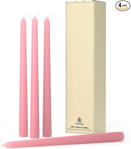 10-Inch Tall Dripless Taper Candles Set of 4 - Pink Tapered Candles, Perfect for Spring - Smokeless, Unscented, Long Burning - Hand Poured, Colored Tall Candlesticks - Light Pink