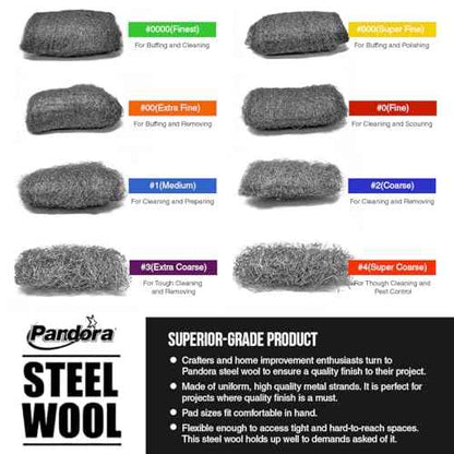 Pandora Steel Wool #4 ? Extra Coarse Grade, 16 Pads for Tough Cleaning and Pest Control - Quality Metal Strands - Ideal for Removing Stubborn Paint, Rust, Dirt, and Varnish