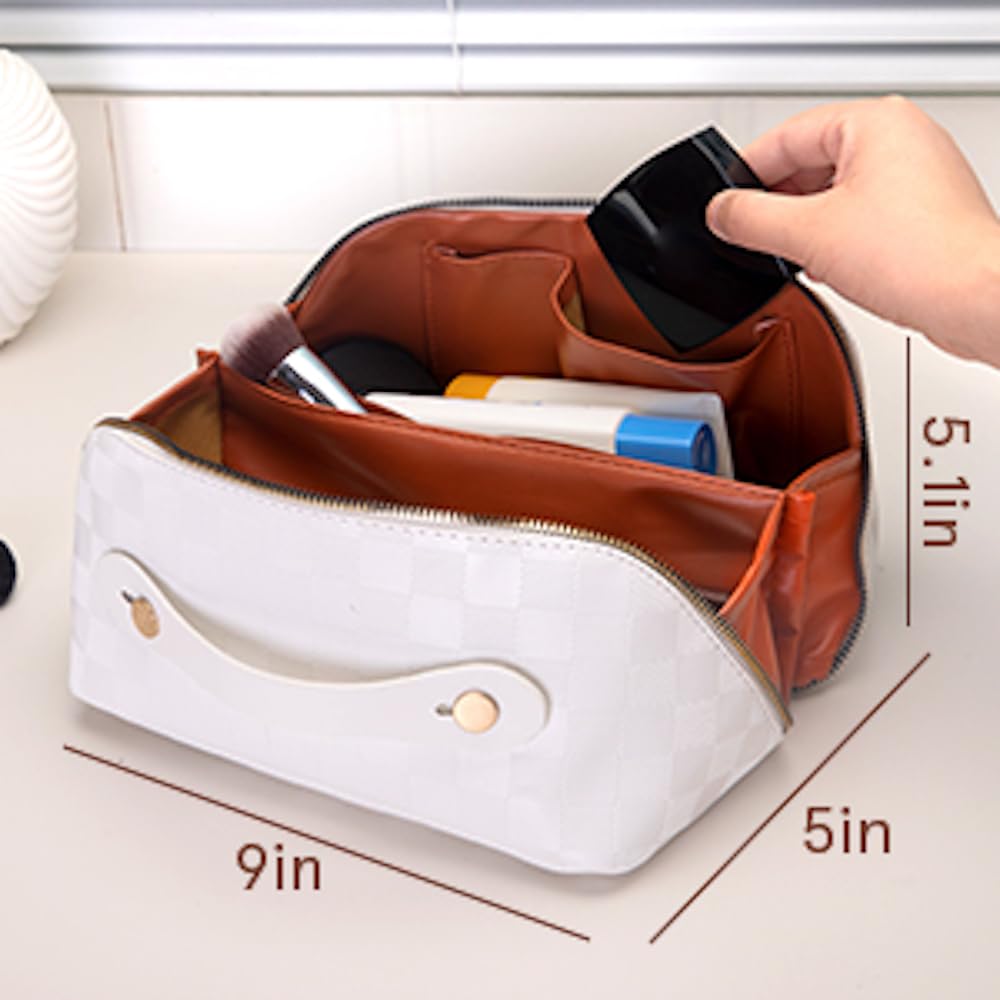 BIVIZKU Checkered Makeup Bag,180° Flat Open Cosmetic Bag for Women,Large Capacity Travel Toiletry Bag with Brush Pouch,Waterproof PU Leather Make Up Organizer for Skincare & Makeup (white-checkered)