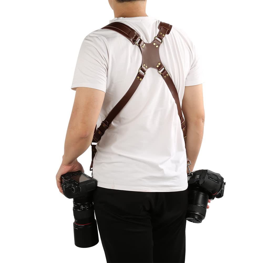 Gugxiom Double Camera Strap,Camera Shoulder Strap for Two Cameras,Adjustable Leather Double Camera Harness Brown