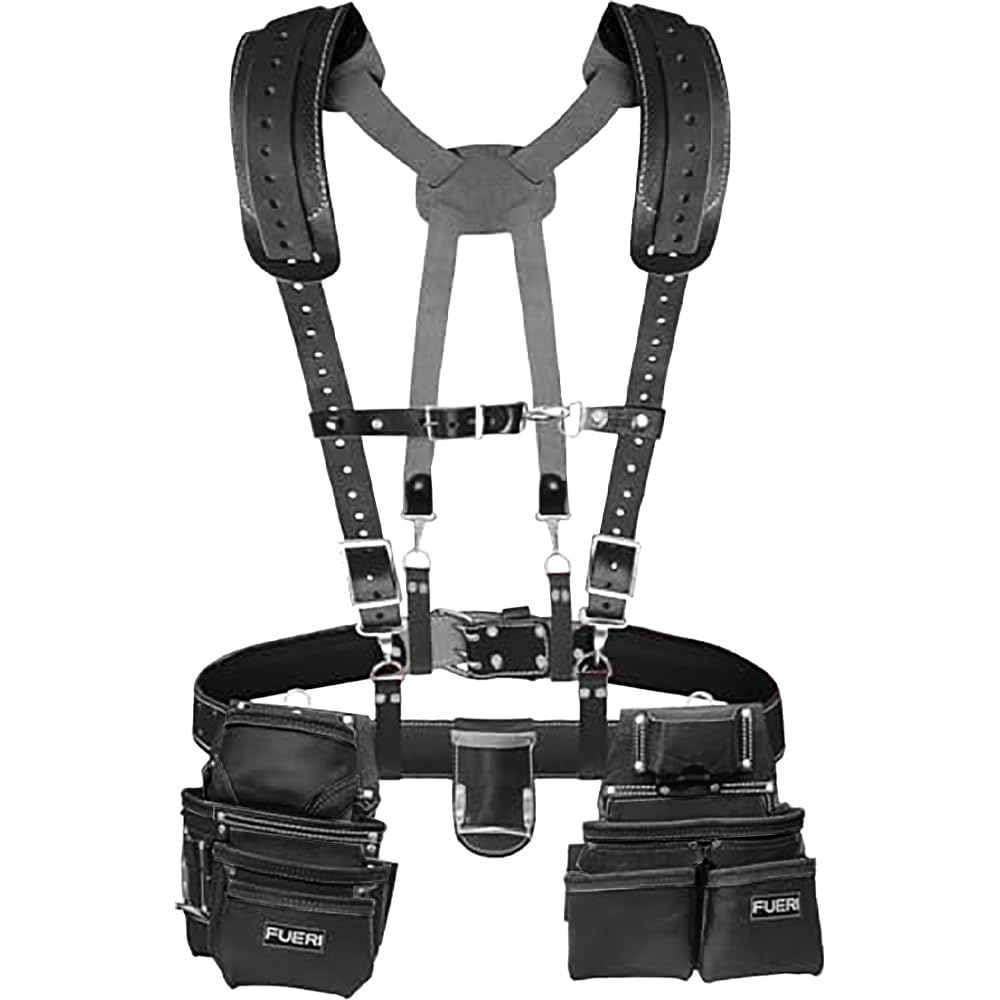 FUERI Leather Tool Belts with Suspender for Men, Heavy-Duty Durable Carpenter Tool Rig Organizer With 19 Pockets-2 Pouches, Padded Suspender, Hammer Holder, D-Loops & Foam-Padded Belt Electricians