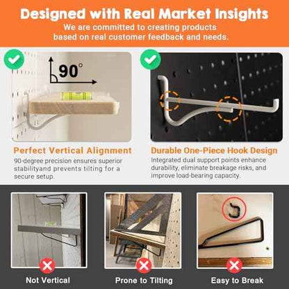 Solid Wood Pegboard Shelf, Pegboard Shelves with Pegboard Hooks, Pegboard Accessories for Craft Room, Garage, Gaming Room, 4 Pack