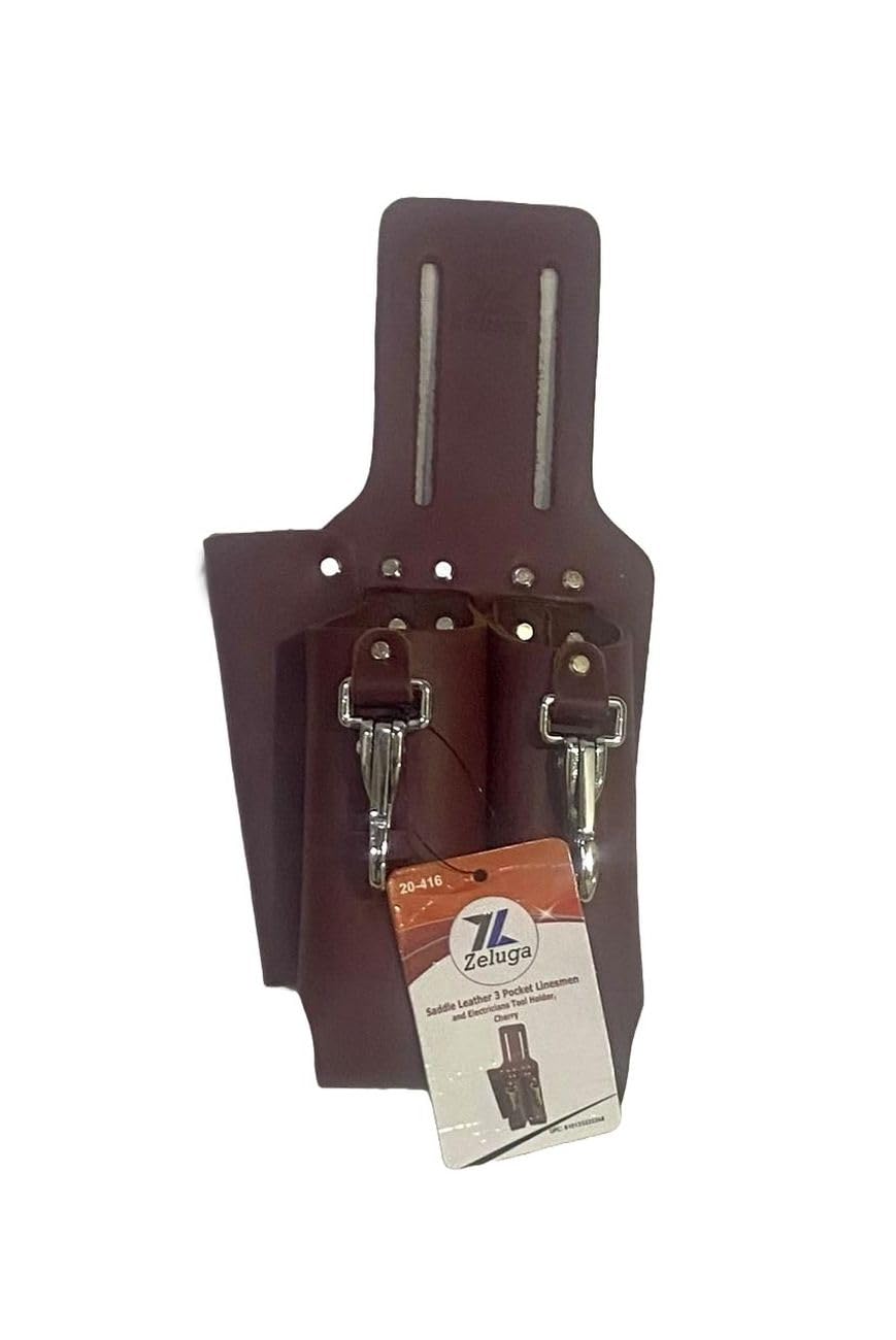 Zeluga Saddle Leather 3 Pocket Linesmen and Electricians Tool Holder (Cherry)