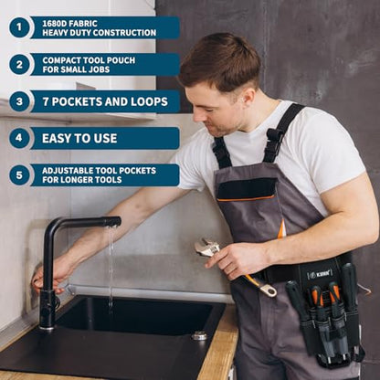 KUNN Small Tool Pouch with Belt Clip - Tool Belt Pouches with 7 Pockets, Adjustable Holster for Electrician, Technician and DIY Projects