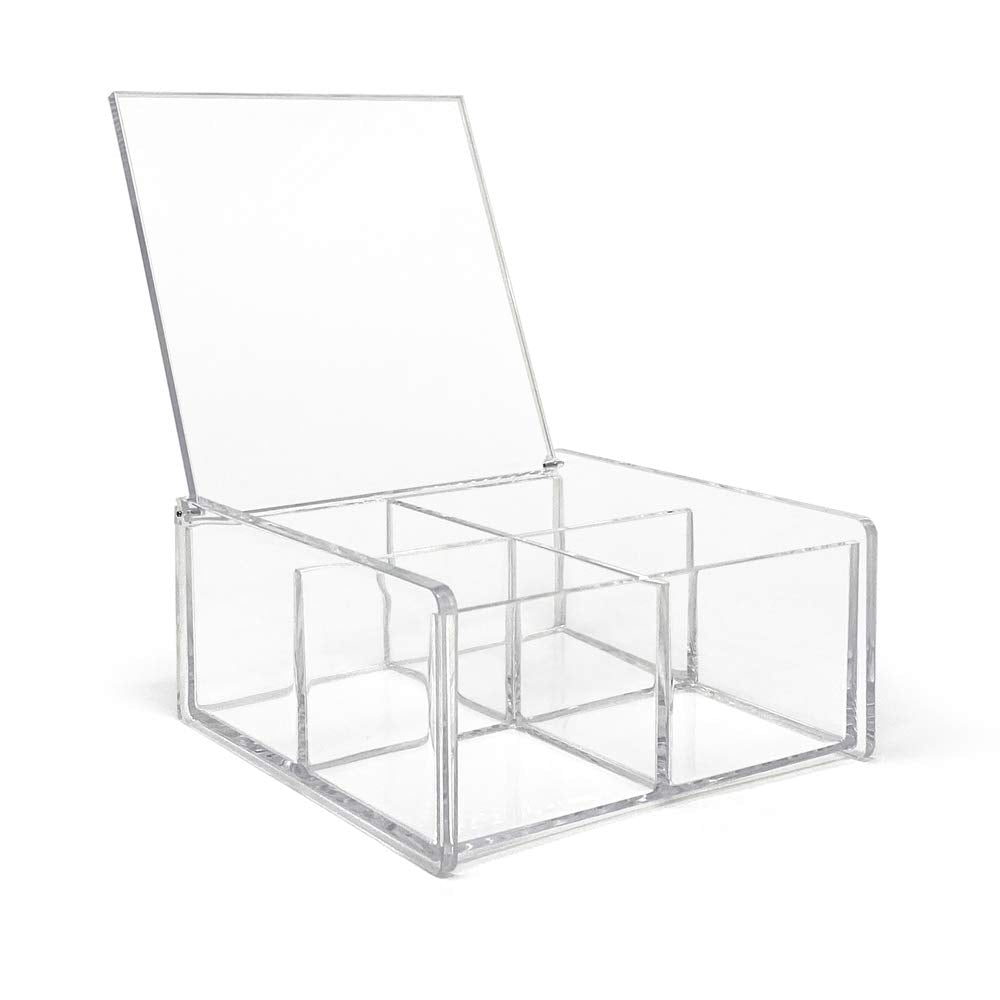 Isaac Jacobs 4-Compartment Square Clear Acrylic Organizer with Lid (5.75" L x 5.75" W x 2.75" H), Multi-Sectional Tray, Stackable, Storage Solution for School, Craft, Office Supplies, Kitchen & More