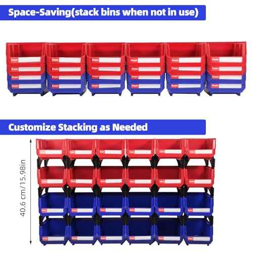 Stackable Storage Bins 24 Pack (5x4x3 Inch), Plastic Stackable Storage Organizer Bins Wall Mounted Hanging Small Parts Bin for Garage, Workbench & Office (Blue & Red)