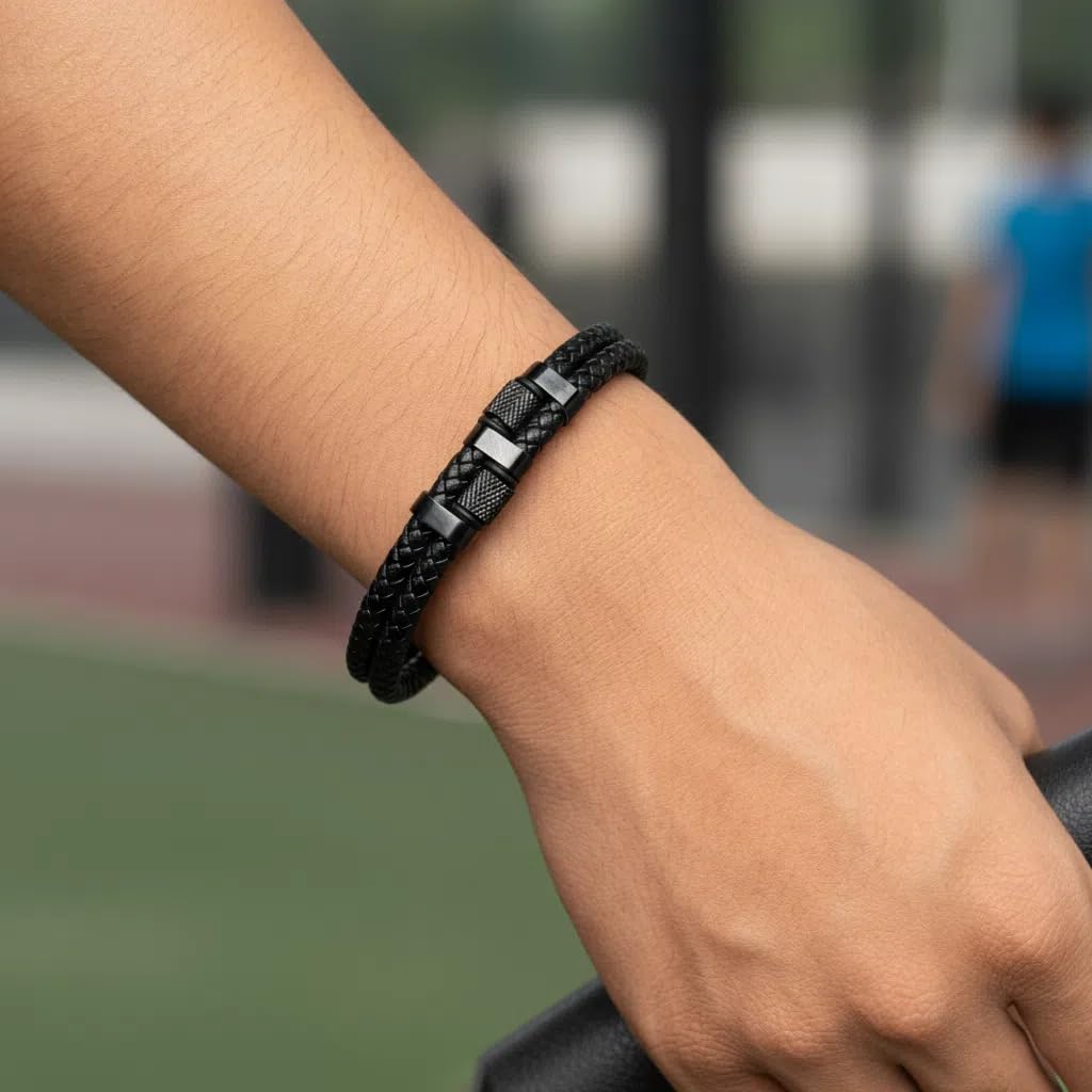 HAVRESSE black genuine leather bracelet for men with adjustable stainless steel magnetic clasp - multi-layer braided rope design - stylish bracelet for men Fits wrist sizes 6.1-7.5 inches.
