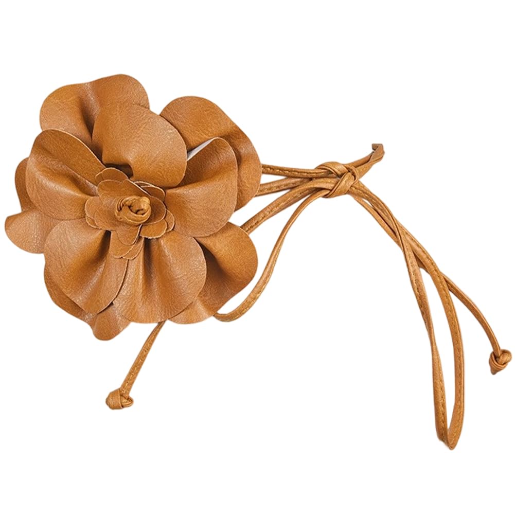 CALFOVERA 0.3 Inch Big Flower Decor Skinny Waistband Brown Boho Flower PU Leather Waist Belt Thin Elegantes Belts Slim Leather Rope Tassel Waist Strap Band for Women Dress Shirts Wedding