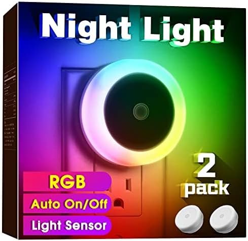 Night Light for Kids, Dynamic RGB Night Lights Color Changing, Nightlight with Light Sensors, Kids Night Lights for Bedroom, Plug in Nightlight for Boys, Girl Night Light, 2 Pack