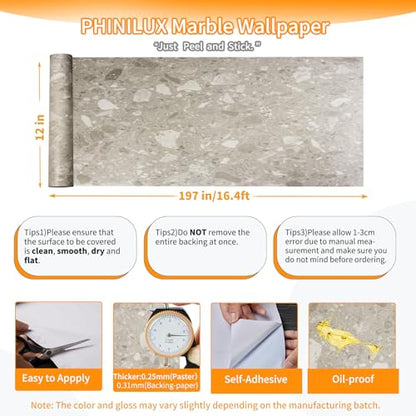 Marble Contact Paper for Countertops Cover - 12"x197" Matte Beige Peel and Stick Terrazzo Wallpaper - Removable Self Adhesive Thick Granite Vinyl Film Roll