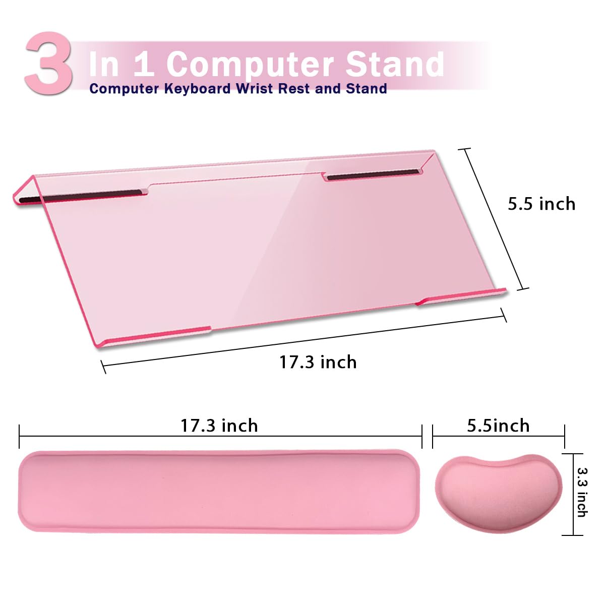 Computer Keyboard Wrist Rest Stand Set for Desktop, Keyboard Holder Easy Typing with Wrist Pad for Office, Home, School - Pink