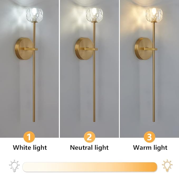 BOKT Mid Century Modern Gold Crystal Wall Sconce Set of Two Brushed Brass Gold Long Wall Sconce Lighting Set of 2 Vintage Clear Glass Hard-Wired Wall Lamp for Bedroom Bedside Living Room
