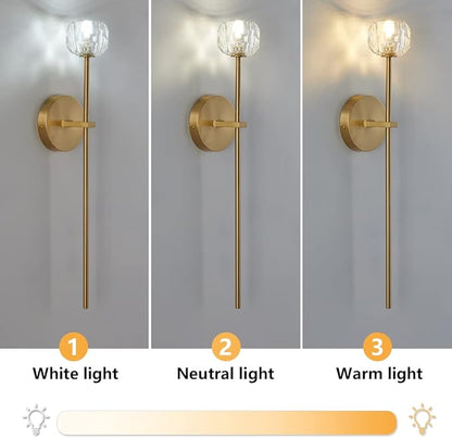 BOKT Mid Century Modern Gold Crystal Wall Sconce Set of Two Brushed Brass Gold Long Wall Sconce Lighting Set of 2 Vintage Clear Glass Hard-Wired Wall Lamp for Bedroom Bedside Living Room