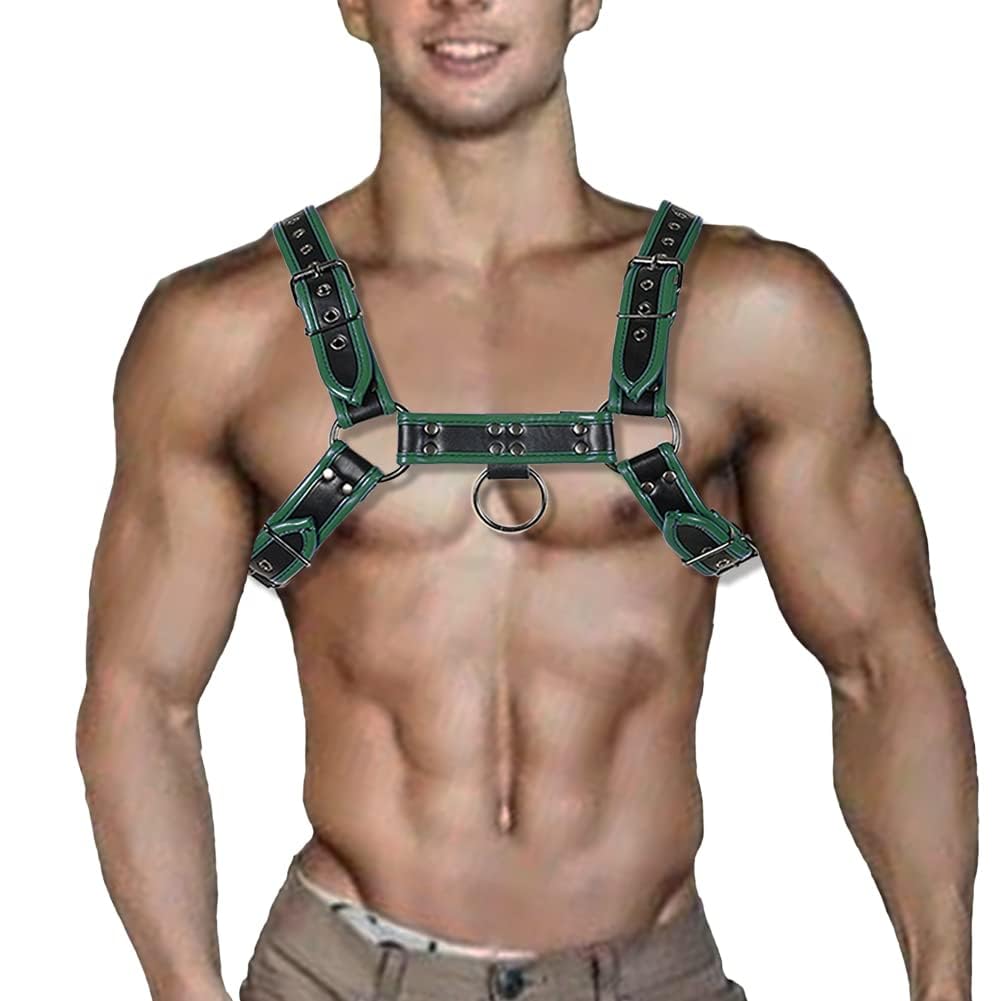 Punk PU Leather Harness for Man Adjustable Leather Harness Body Chest Half Harness Punk Belt Clubwear Costume (Green)